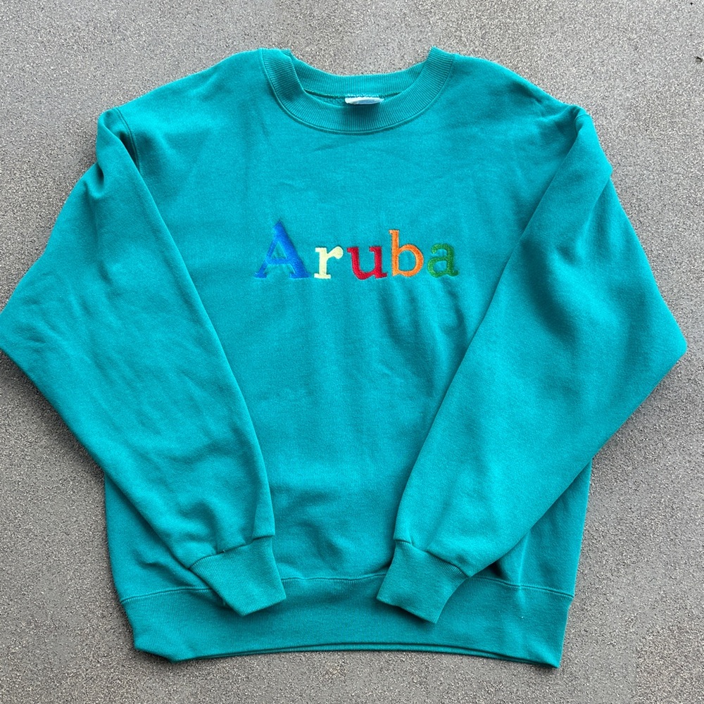Vintage Aruba Rainbow Embroidered Sweatshirt Teal Crewneck - Sz Large